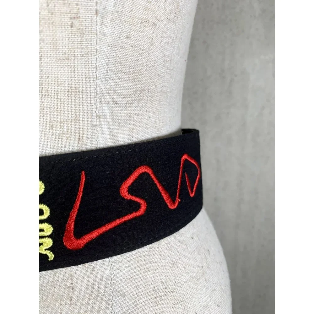 Vintage Statement Belt Medium Womens 90s‎ Black Wide Strap Waist Embroidered